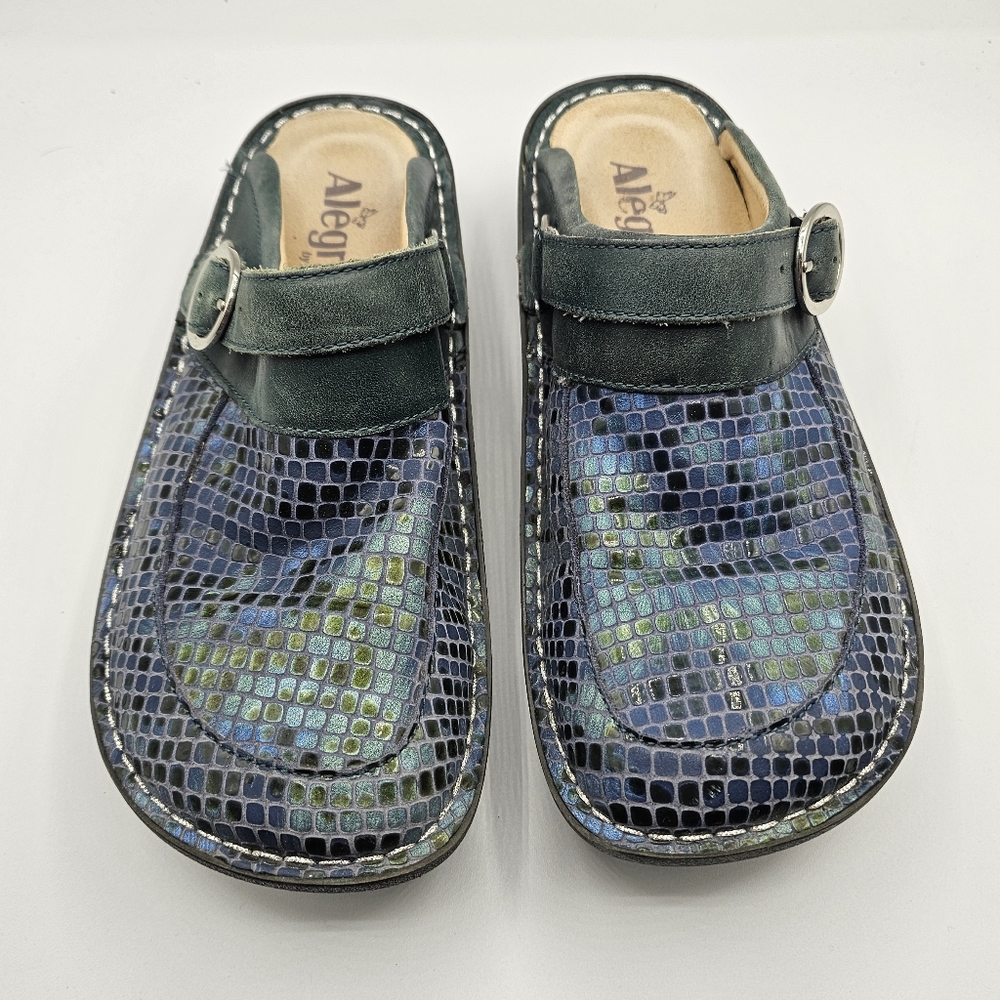 Alegria Iridescent Blue-Green Mosaic Buckle Mules